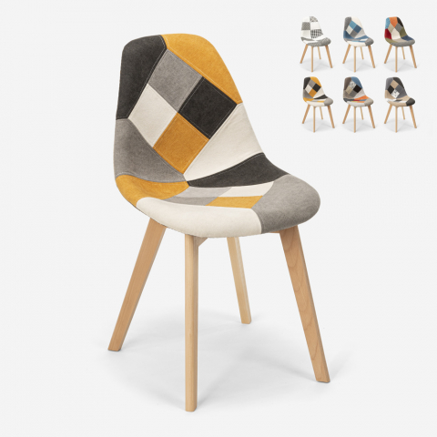 Nordic design patchwork chair in wood and fabric for kitchen bar restaurant Robin Aanbieding