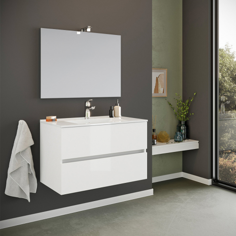 Meuble de salle de bain base suspendue 2 tiroirs miroir évier en céramique lampe LED Kallsjon
