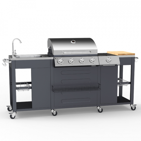 Barbecue gas RVS BBQ 4 + 1 branders spoelbak planken rek Tartara Aanbieding