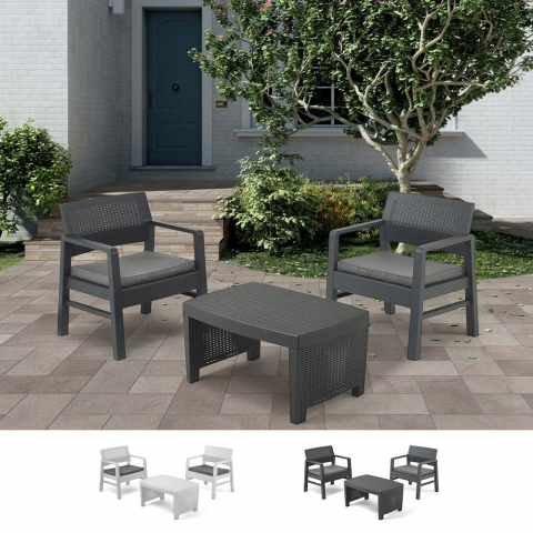 Salon de jardin en polyrotin table 2 fauteuils coussins Progarden Tambo Promotion
