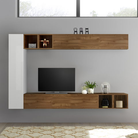 Unité murale de salon design moderne meuble TV en bois blanc Infinity 104