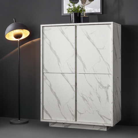 Buffet armoire crédence Mobile pour Salon 4 Portes Marbre Blanc Carrara