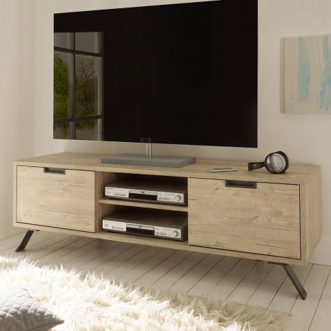 Meuble TV design scandinave 2 portes compartiments ouverts en bois Palma