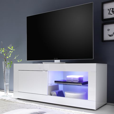 Meuble TV blanc moderne avec porte latérale et compartiment ouvert Creta