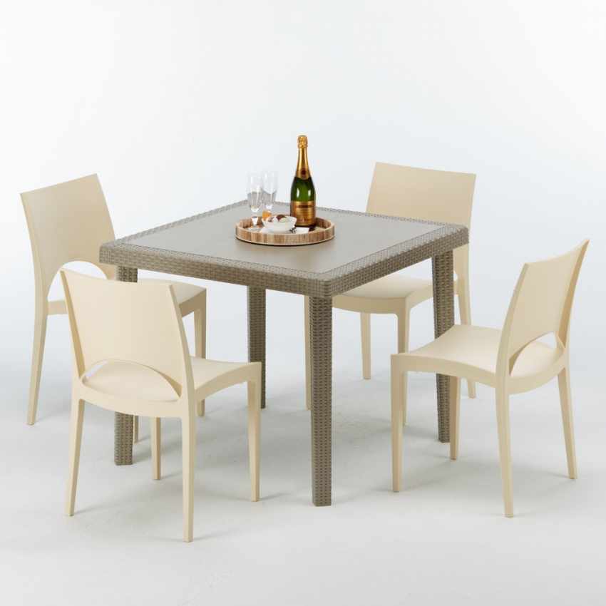 Table carrée beige + 4 chaises colorées Poly rotin synthétique Elegance Promotion Table carrée beige + 4 chaises colorées Poly rotin synthétique Elegance Promotion