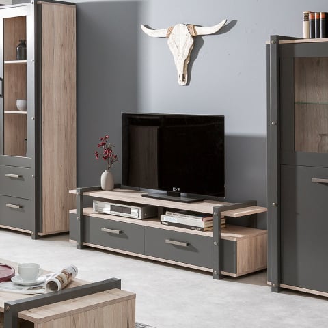 Meuble TV design industriel 2 tiroirs bois métal compartiment ouvert Aplinka