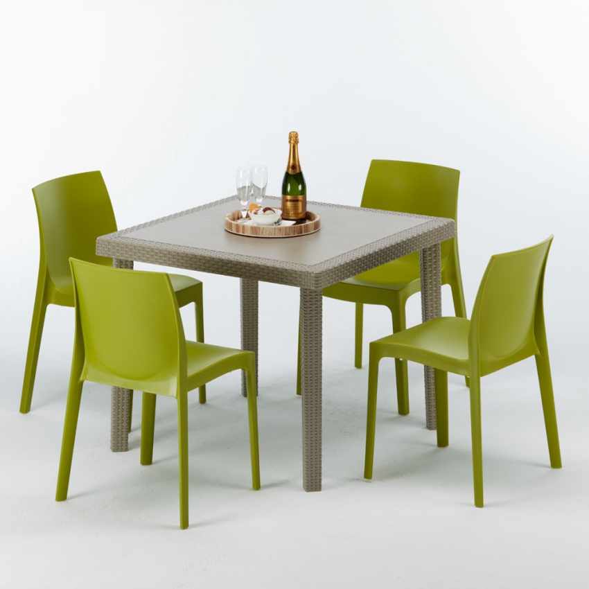 Table carrée beige + 4 chaises colorées Poly rotin synthétique Elegance 