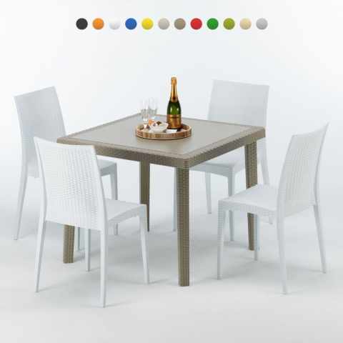 Table carrée beige + 4 chaises colorées Poly rotin synthétique Elegance