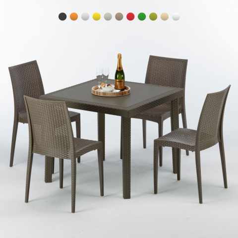 Vierkante tafel 4 stoelen rattan kunststof Polyrattan kleurig 90x90 bruin Brown Passion Aanbieding