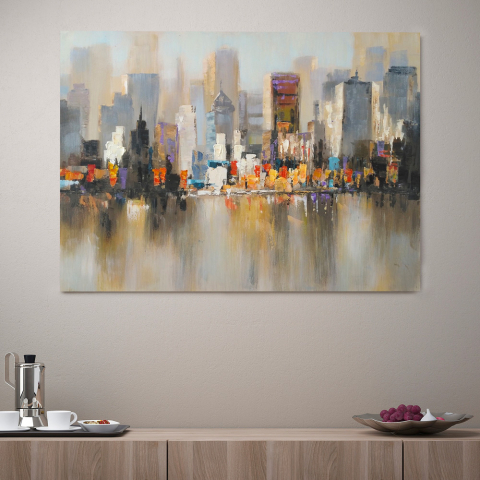 Stadsschilderij bij hand op canvas 120 x 90 cm reflected city