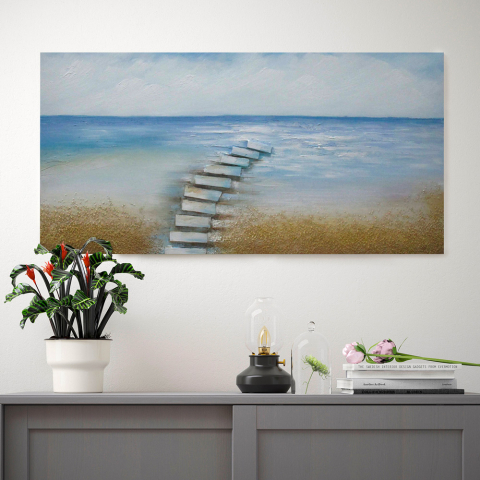 Tableau au paysage nature plage toile peinte à la main 110x50cm Spiaggia Promotion