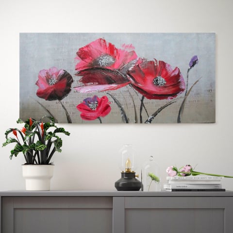 Peinture florale tableau peint à la main sur toile 110x50cm Coquelicot Promotion