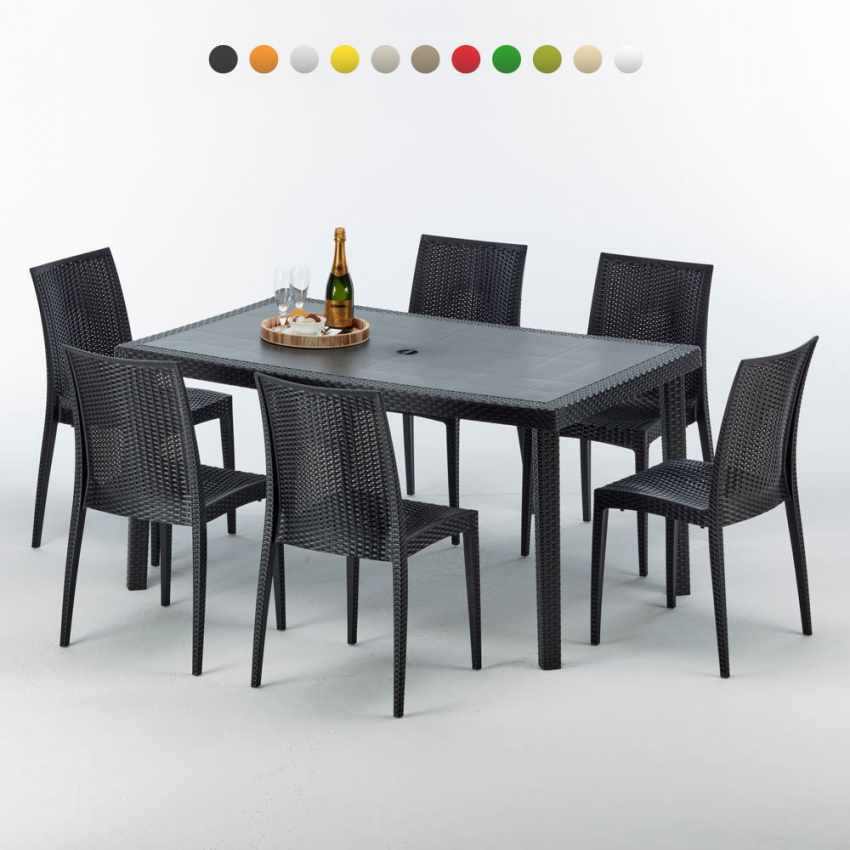 Table rectangulaire et 6 chaises Poly rotin colorées 150x90cm noir Enjoy Promotion