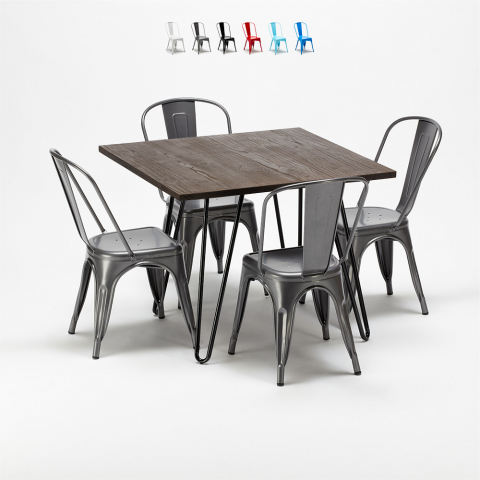 vierkante tafel en stoelen van metaal en hout in industriële-stijl pigalle Aanbieding