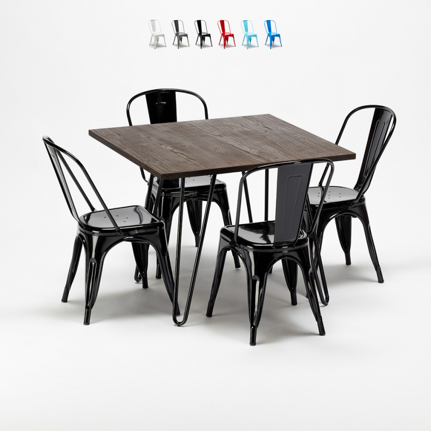 vierkante tafel en stoelen van metaal en hout in industriële Lix-stijl pigalle Kosten