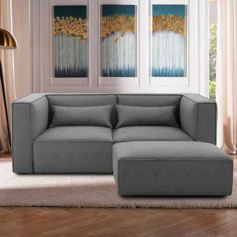 Canapé 2 places modulable composable moderne en tissu avec pouf Solv