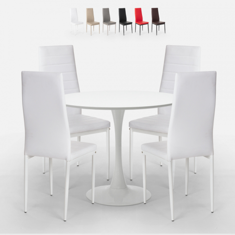 table Tulipan blanche 80cm + 4 chaises modernes en similicuir vogue Promotion