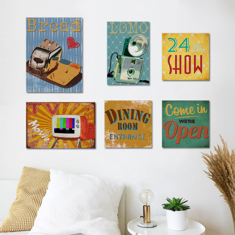 Set van 6 canvas prints retro design posters houten frame Vintage Mood Aanbieding