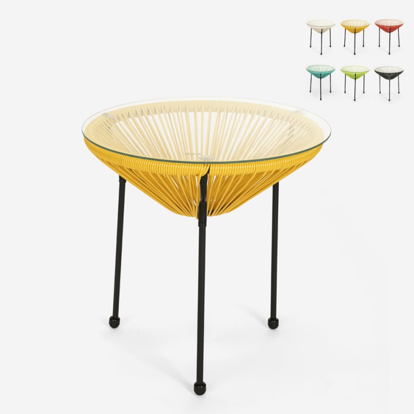 Table de jardin ronde 50 cm tissage de cordes spaghetti desgn en verre Rose Achat