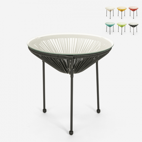Table de jardin ronde 50 cm tissage de cordes spaghetti desgn en verre Rose Promotion
