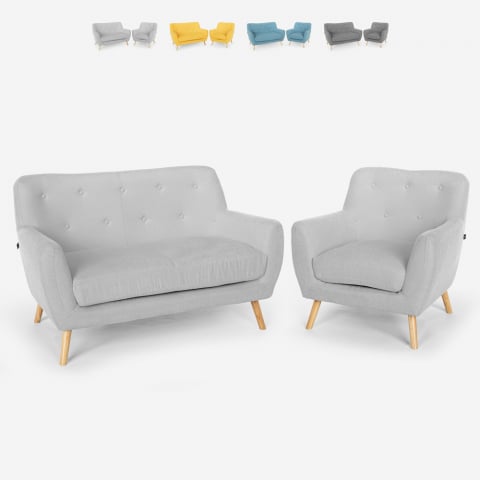 Scandinavisch design 2-zits bank en fauteuil loungeset van hout en stof Algot