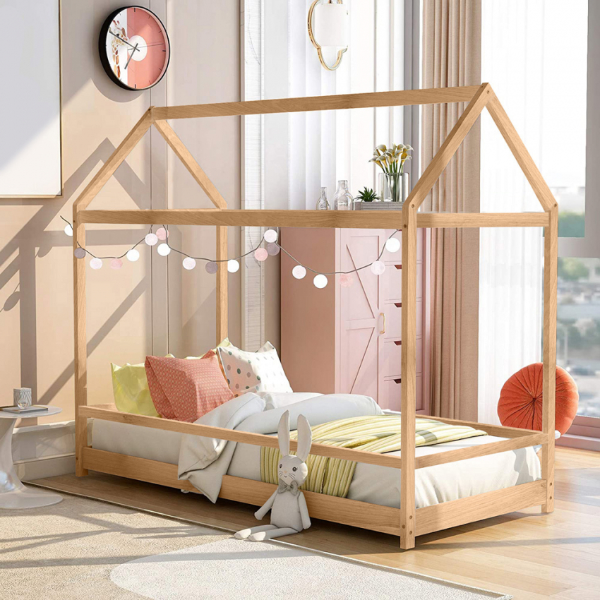 Montessori ledikant Husty voor kinderen, houten huis 80x160cm Kortingen