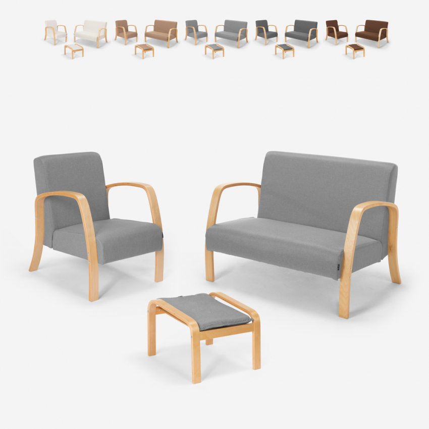 Salon complet Canapé scandinave bois et tissu fauteuil repose-pieds Gyda Vente Salon complet Canapé scandinave bois et tissu fauteuil repose-pieds Gyda Vente