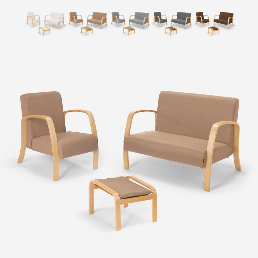 Salon complet Canapé scandinave bois et tissu fauteuil repose-pieds Gyda Remises