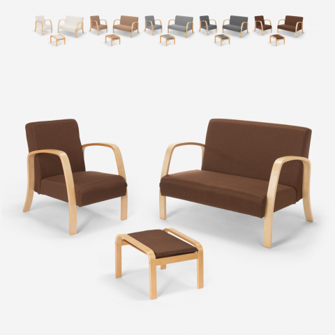 Scandinavische bank in de woonkamer van hout en stof, fauteuil, voetensteun Gyda