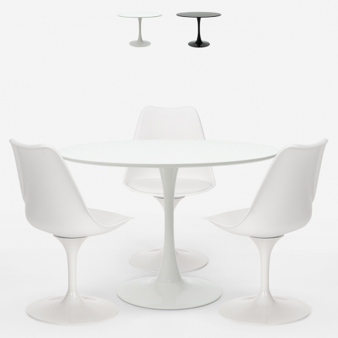 Ensemble table ronde 90cm 3 chaises style tulipe design scandinave moderne Ellis