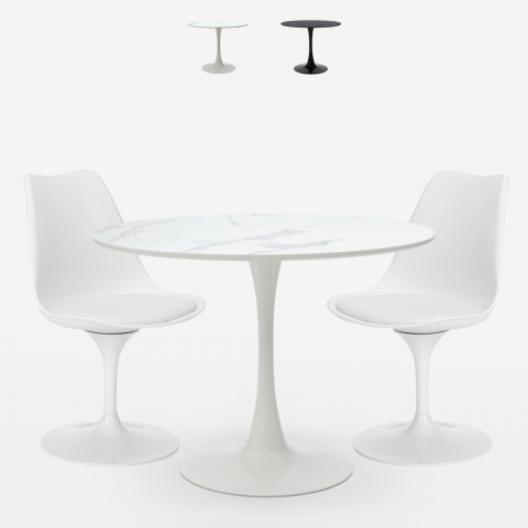 Table ronde 80cm design Tulipe effet marbre + 2 chaises modernes Rich