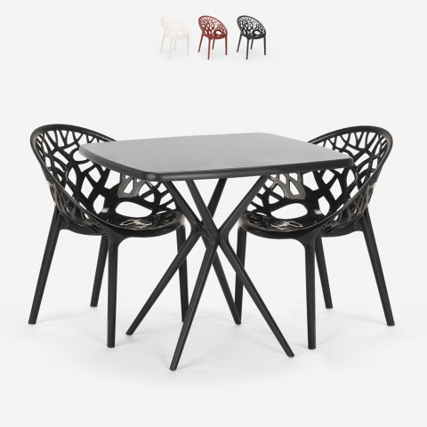Table carré noir 70x70 + 2 chaises design Moai Black
