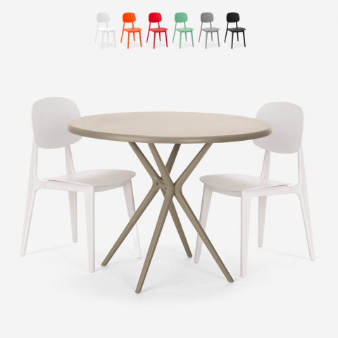 Table ronde 80cm beige + 2 chaises design moderne Berel