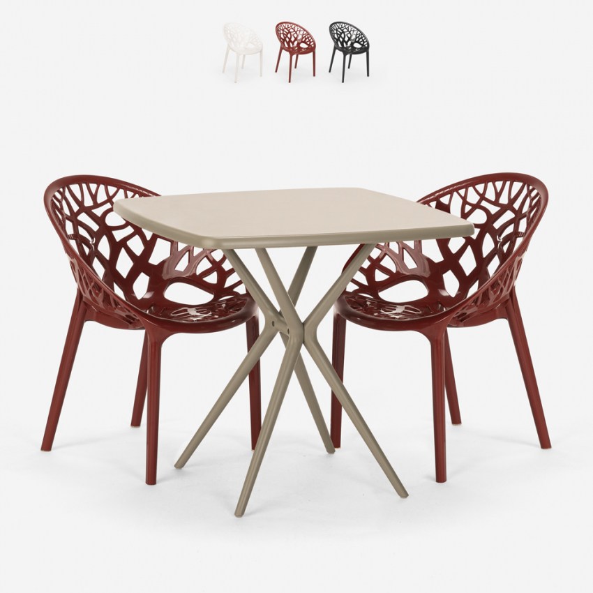 Set met vierkante beige tafel 70x70 cm en 2 design stoelen Moai Aanbieding Set met vierkante beige tafel 70x70 cm en 2 design stoelen Moai Aanbieding