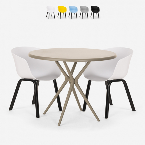 Table design ronde 80 cm beige + 2 chaises design Oden