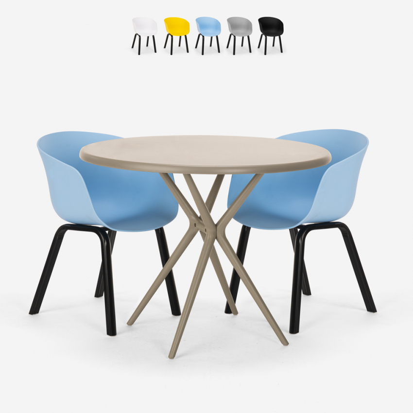 Table design ronde 80 cm beige + 2 chaises design Oden Offre