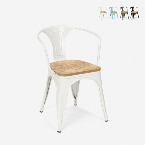 Chaise de cuisine et bar style Tolix design industriel avec accoudoirs Steel Wood Arm Light