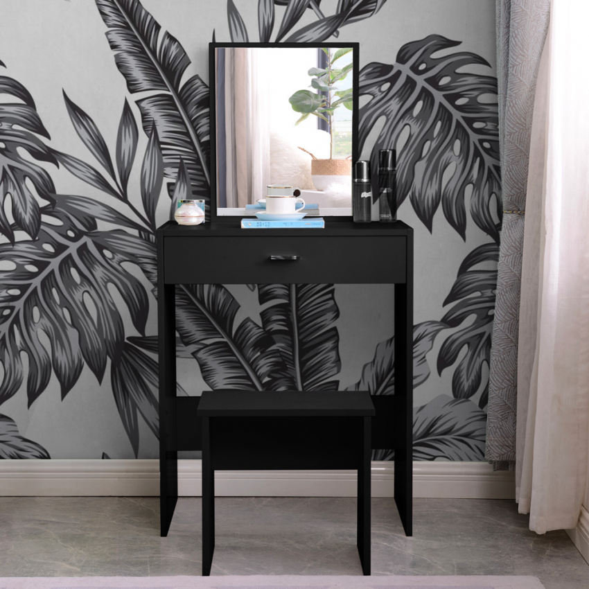 Zwarte make-up tafel met lade, spiegel en krukje Dalila Black Aanbieding Zwarte make-up tafel met lade, spiegel en krukje Dalila Black Aanbieding
