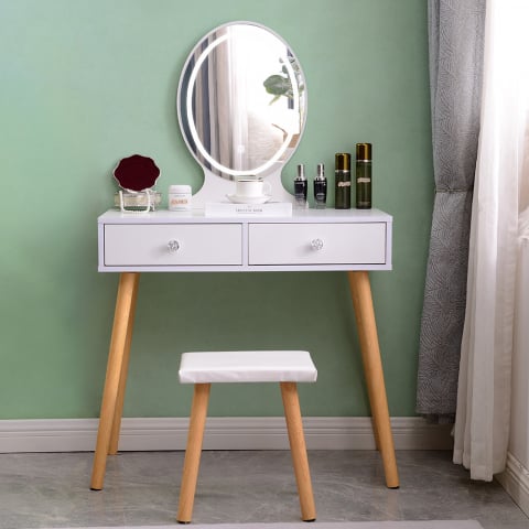 Coiffeuse table de maquillage au design moderne avec miroir LED tiroirs et tabouret Serena