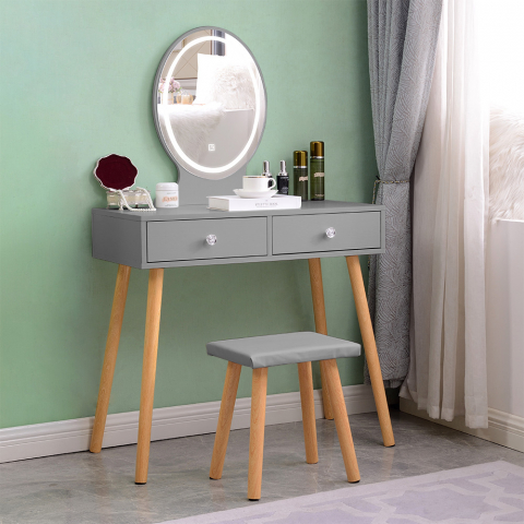 Table de maquillage scandinave grise avec tiroirs miroir LED Serena Grey