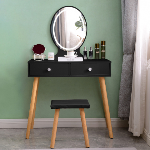 Coiffeuse table de maquillage noire tiroirs et miroir LED Serena Black Promotion