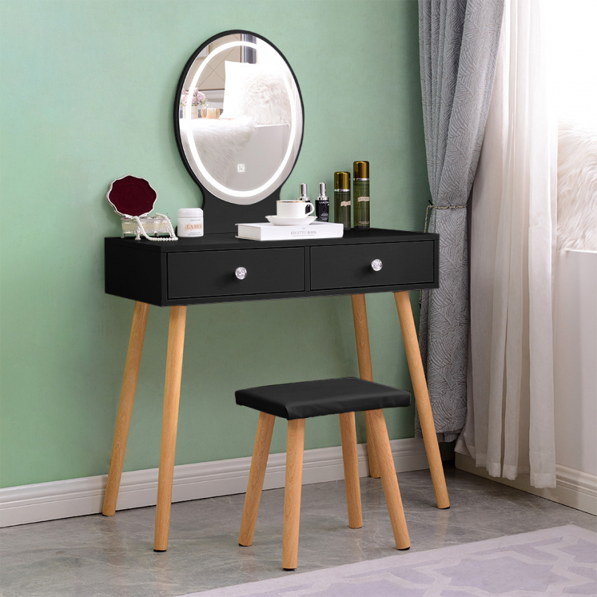 Elettra Coiffeuse table de maquillage d'angle 3 Miroirs à LED tabouret