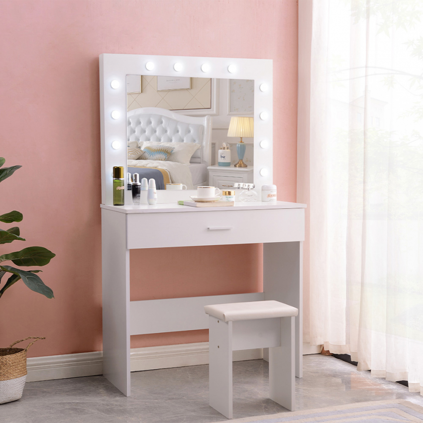 Make-up tafel met spiegel met LED lampen en krukje Gaia Aanbieding Make-up tafel met spiegel met LED lampen en krukje Gaia Aanbieding