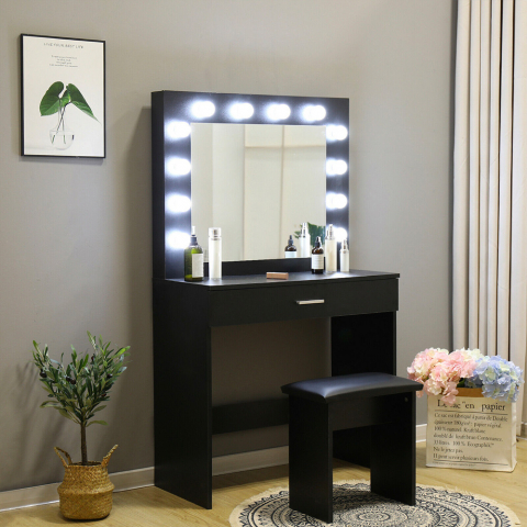 Zwarte make-up station met LED-lampen spiegel krukje Gaia Black