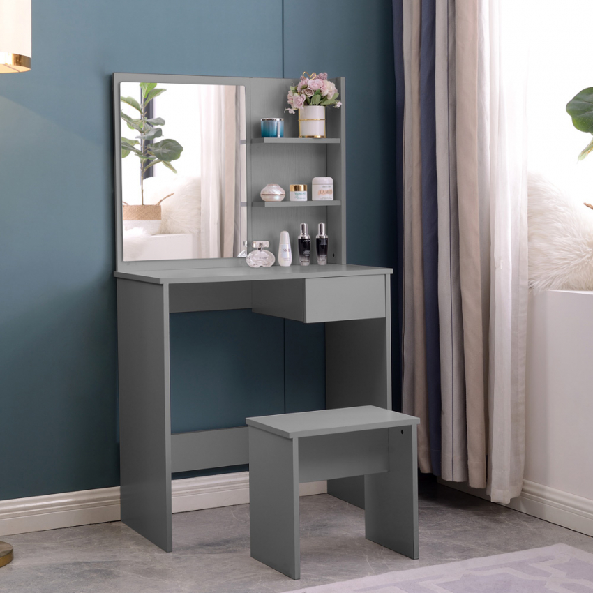 Grijs make-up station met spiegel, lade en krukje Mayca Grey Aanbieding Grijs make-up station met spiegel, lade en krukje Mayca Grey Aanbieding