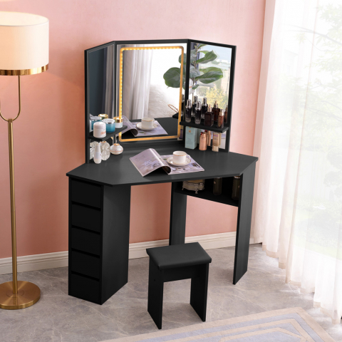Meuble coiffeuse table de maquillage noir à angle 3 Miroirs LED Elettra Black