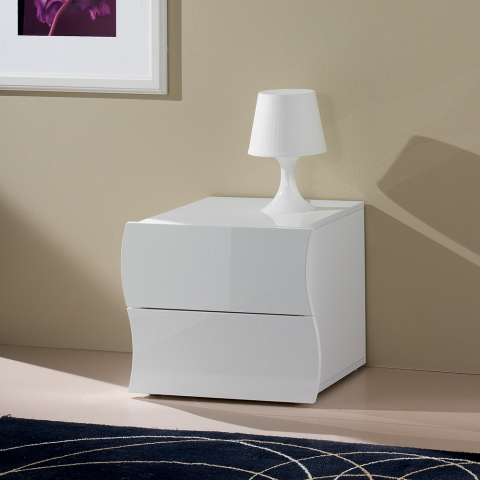 Table de chevet commode 2 tiroirs chambre blanc brillant Onda Smart Promotion