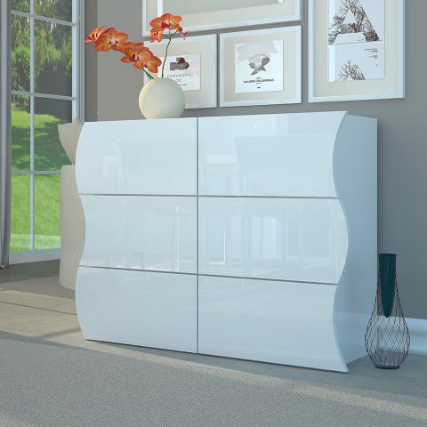 Commode chambre et salon design 6 Tiroirs Blanc Brillant Onda Dresser