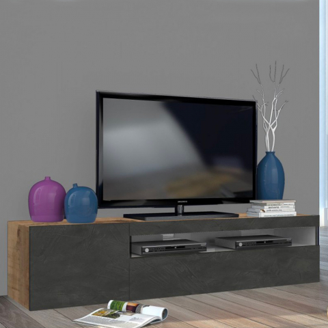 Meuble TV 155cm Industriel avec placard et tiroir rabattable Daiquiri Ardesia Pero M