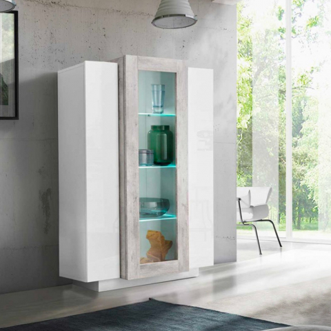 Vaisselier vitrine de salon moderne 120 cm design Blanc Brillant Gris Corona Promotion